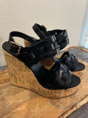 Tory Burch “Calyca” Braided Leather Slingback Wedge Sandals BLACK size 6 
Summer